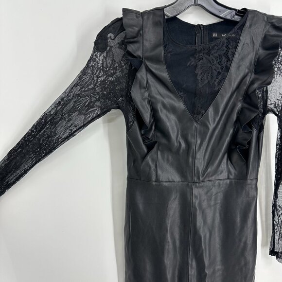 Zara Faux Leather Dress Lace Ruffle Mini Cocktail Sheath Black Sheer Long Sleeve - Picture 3 of 9